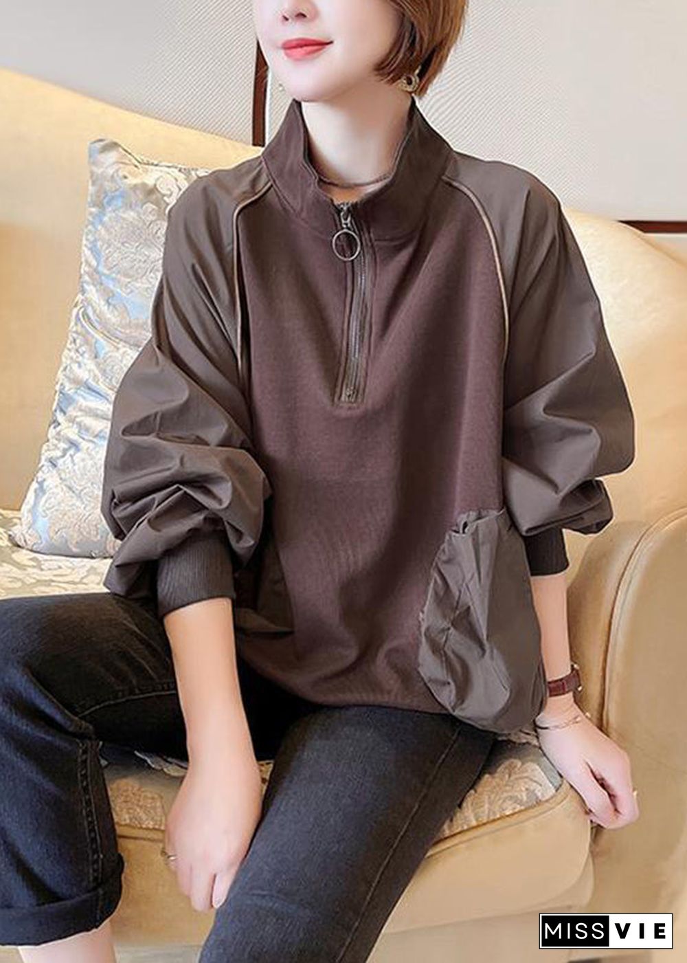 Women Chocolate Stand Collar Patchwork Zippered Sweatshirts Long Sleeve