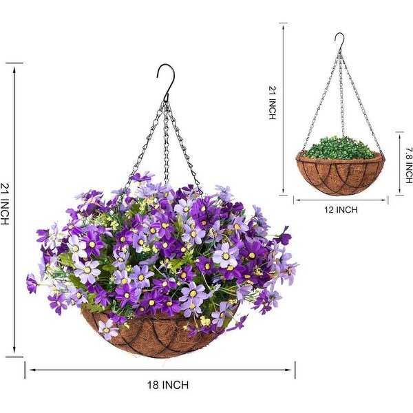 Artificial Silk Flowers Hanging Baskets Outdoors，Chrysanthemum with Eucalyptus Leaves in Metal Coconut Lining Flowerpot