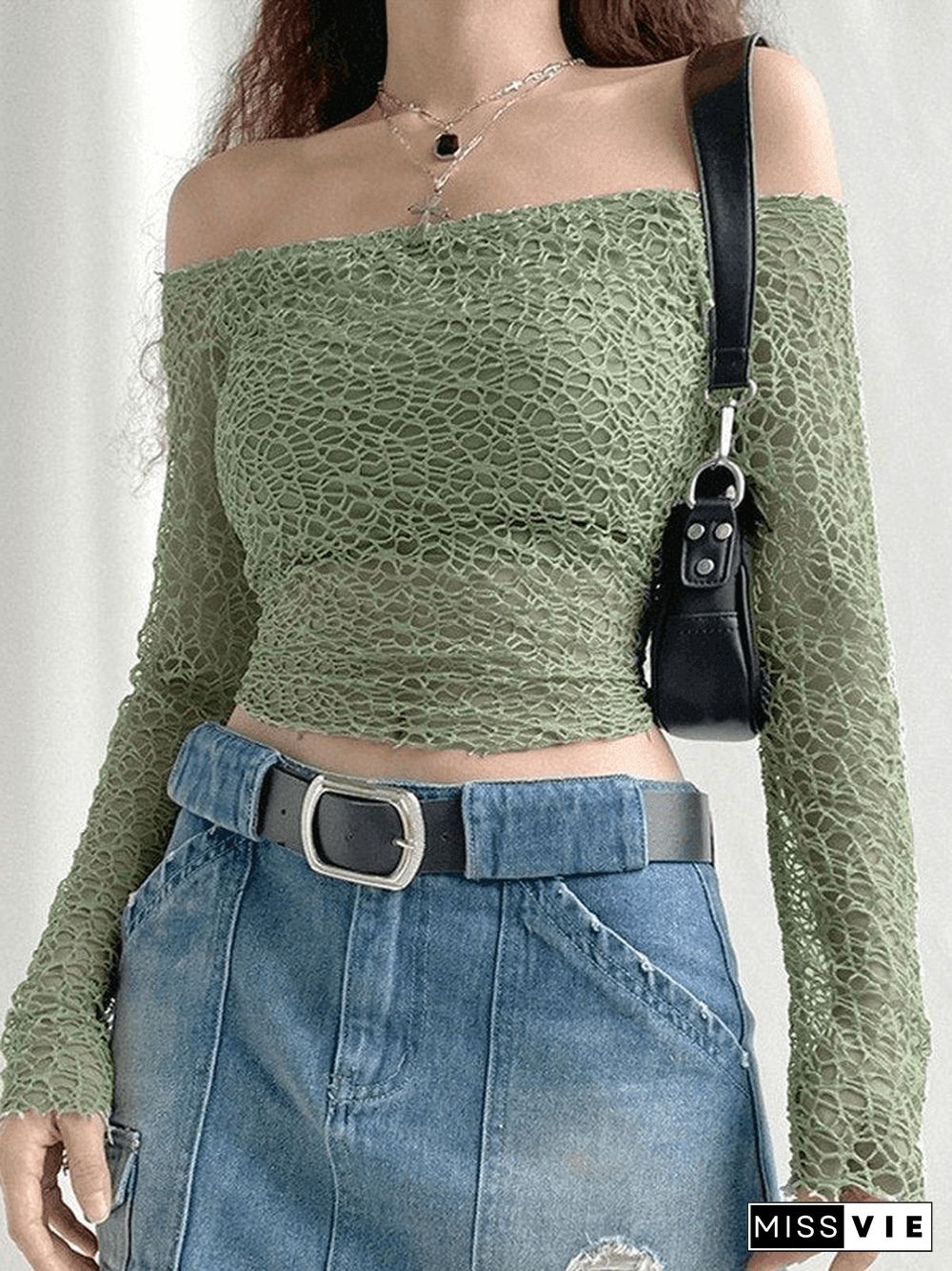 Off Shoulder Mesh Long Sleeve Blouse