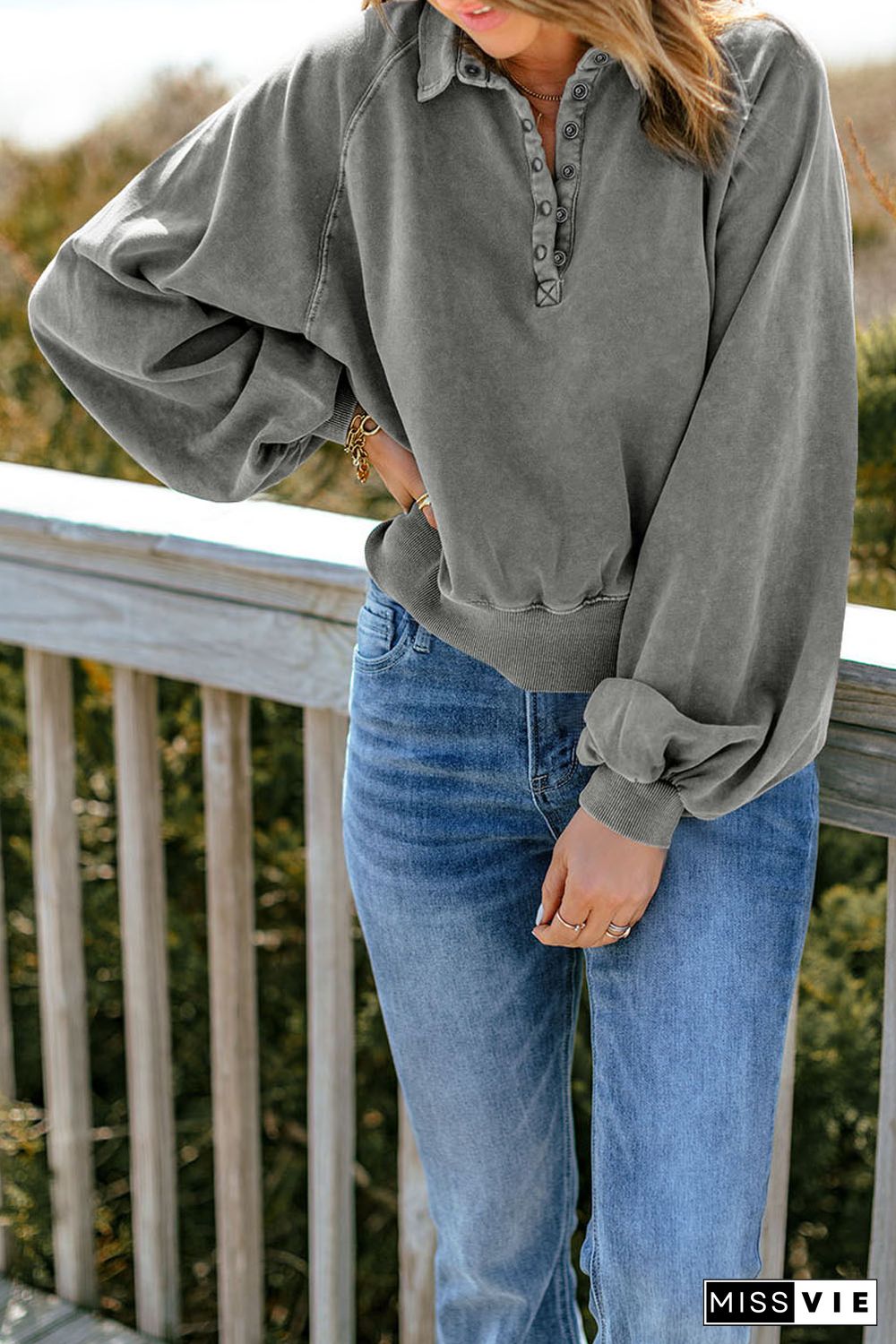 Gray Washed Snap Buttons Lantern Sleeve Pullover Sweatshirt