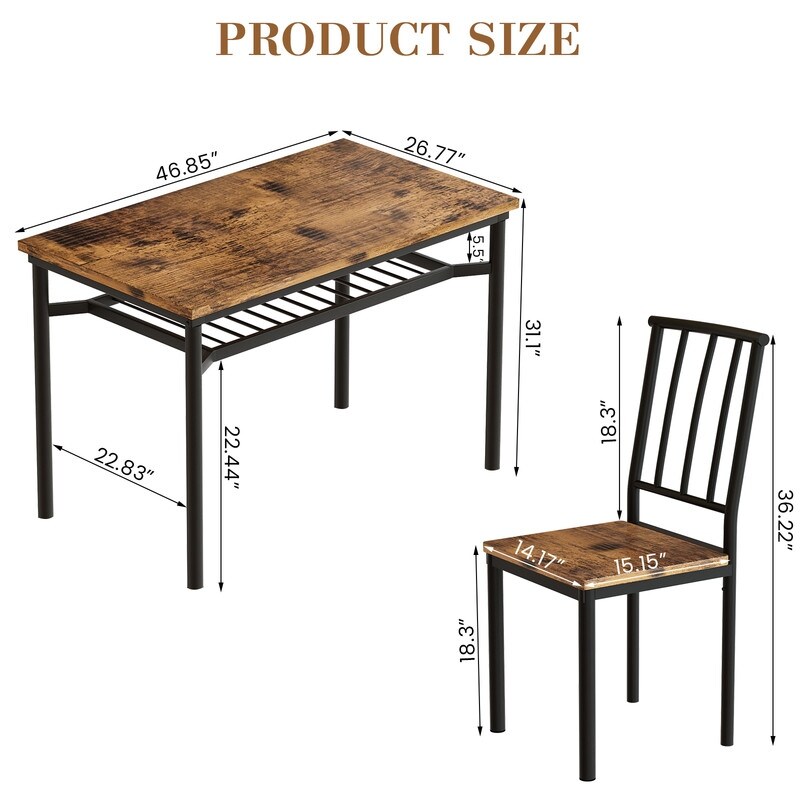 Modern Industrial Dining Table Set for 4  5 Piece Wood Kitchen Table and Chairs  Dining Room Table Set with Storage Rack