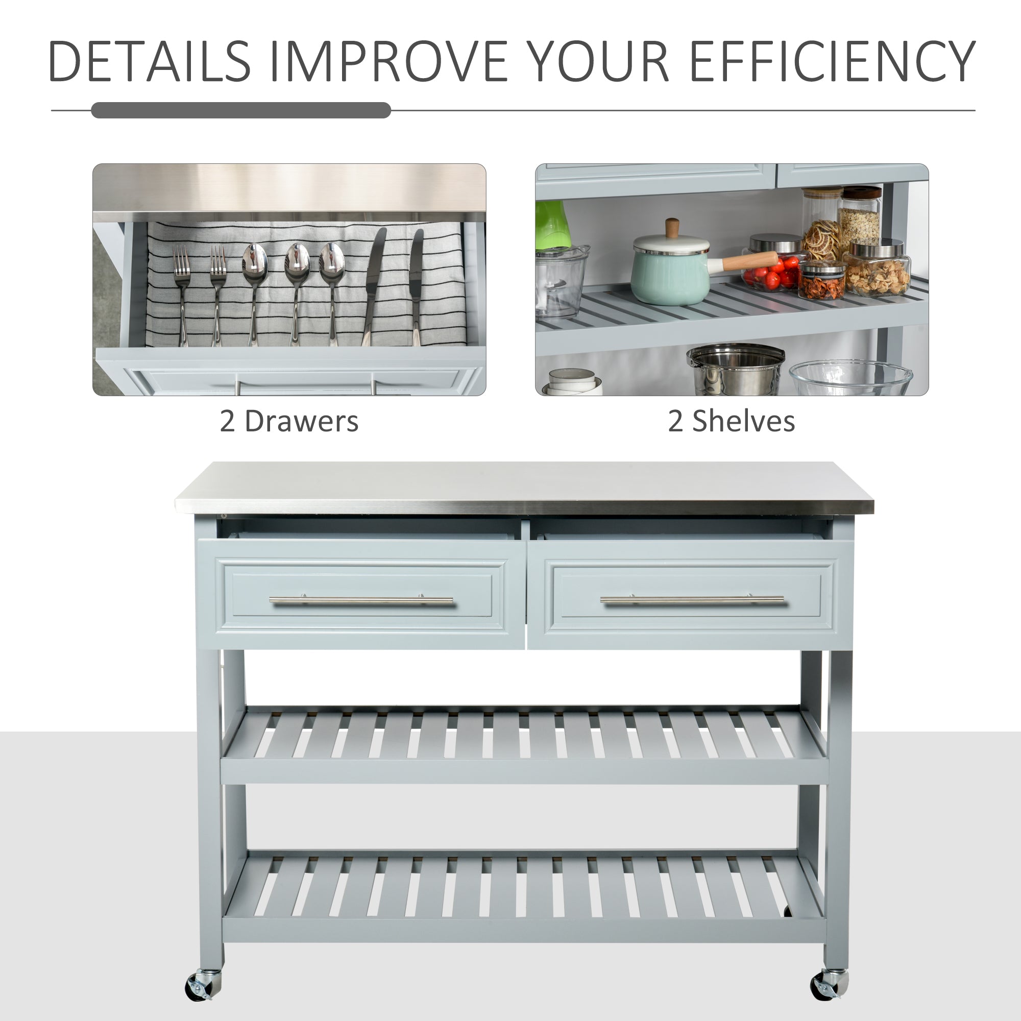 HOMCOM Rolling Kitchen Island Cart with Drawers， Shelves， and Stainless Steel Top - Grey