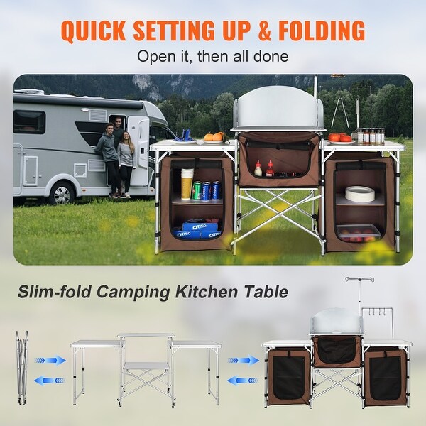 VEVOR Camping Kitchen Table Folding Portable Cook Station Long Aluminum Camping Table with Carrying Bag Side Tables and Shelves