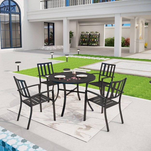 5pc Patio Dining Set With Round Table amp Steel Arm Chairs With Striped Back Black Captiva Designs