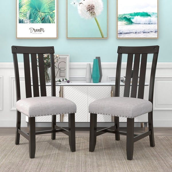 2 sets of fabric upholstered dining chairs with silver nails and solid wood legs， seat height -19.5