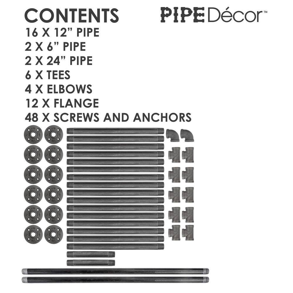 PIPE DECOR 12 in. Black Steel Pipe 11.75 in. D x 72.5 in. H Floor Mounted 4-Tier Shelf Kit 365 PD4TIERFLMT