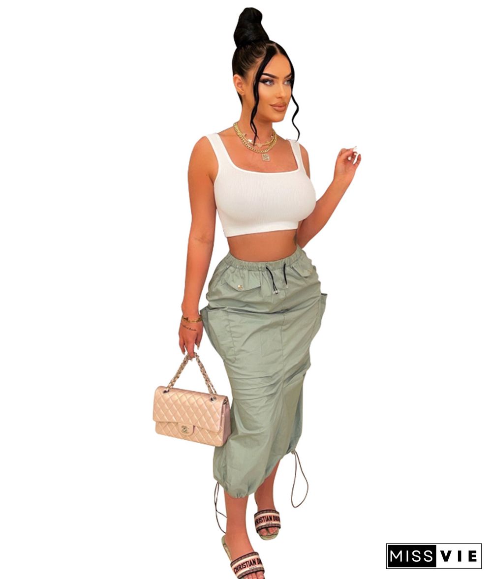 Solid Color Elastic Waist Large Pockets Cargo Skirts