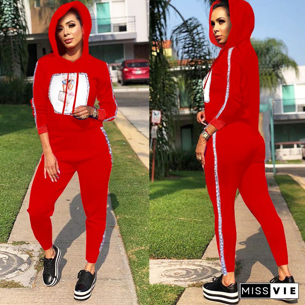 Leisure Printed Hooded Tops + Bodycon Pants 2 Pieces Set