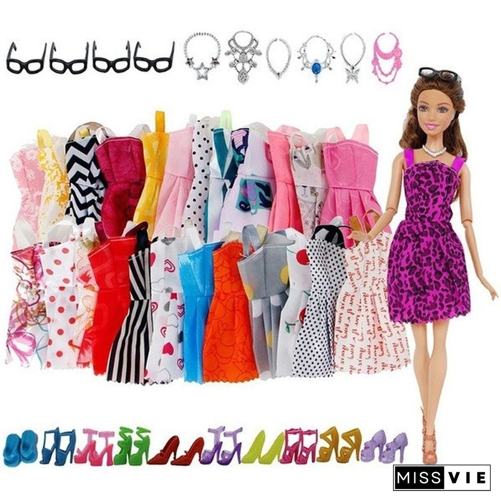 10/20/30 Item/Set Doll Accessories = 10x Mix Fashion Cute Dress + 10x Shoes + 4x Glasses+ 6x Necklaces Dress Clothes For Barbie