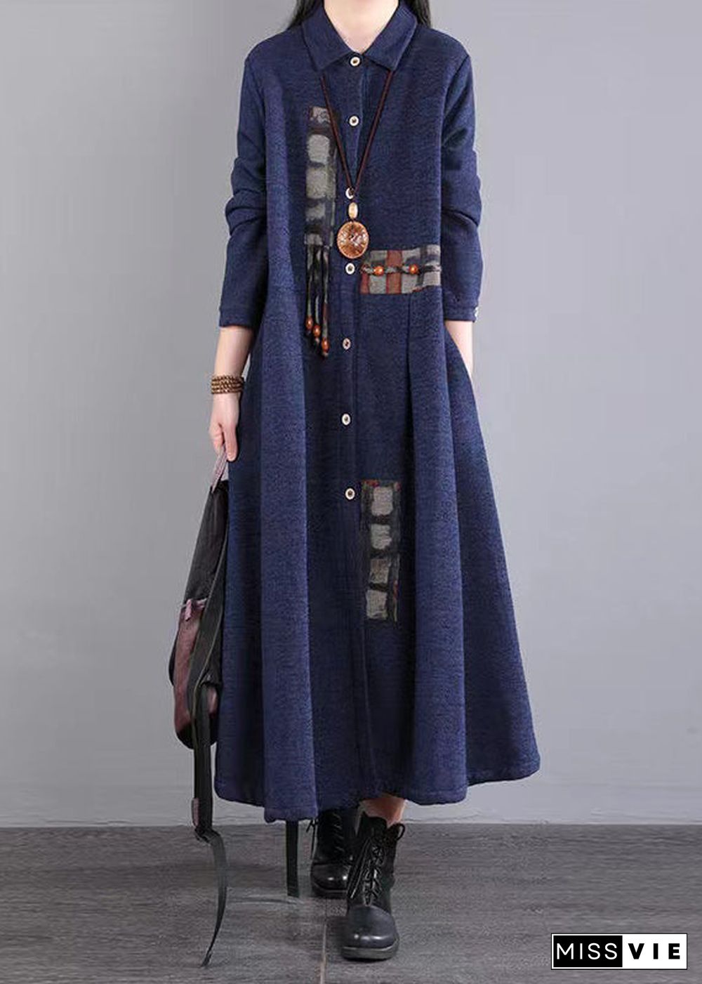 Casual Navy Peter Pan Collar Patchwork Warm Fleece Long Dress Winter