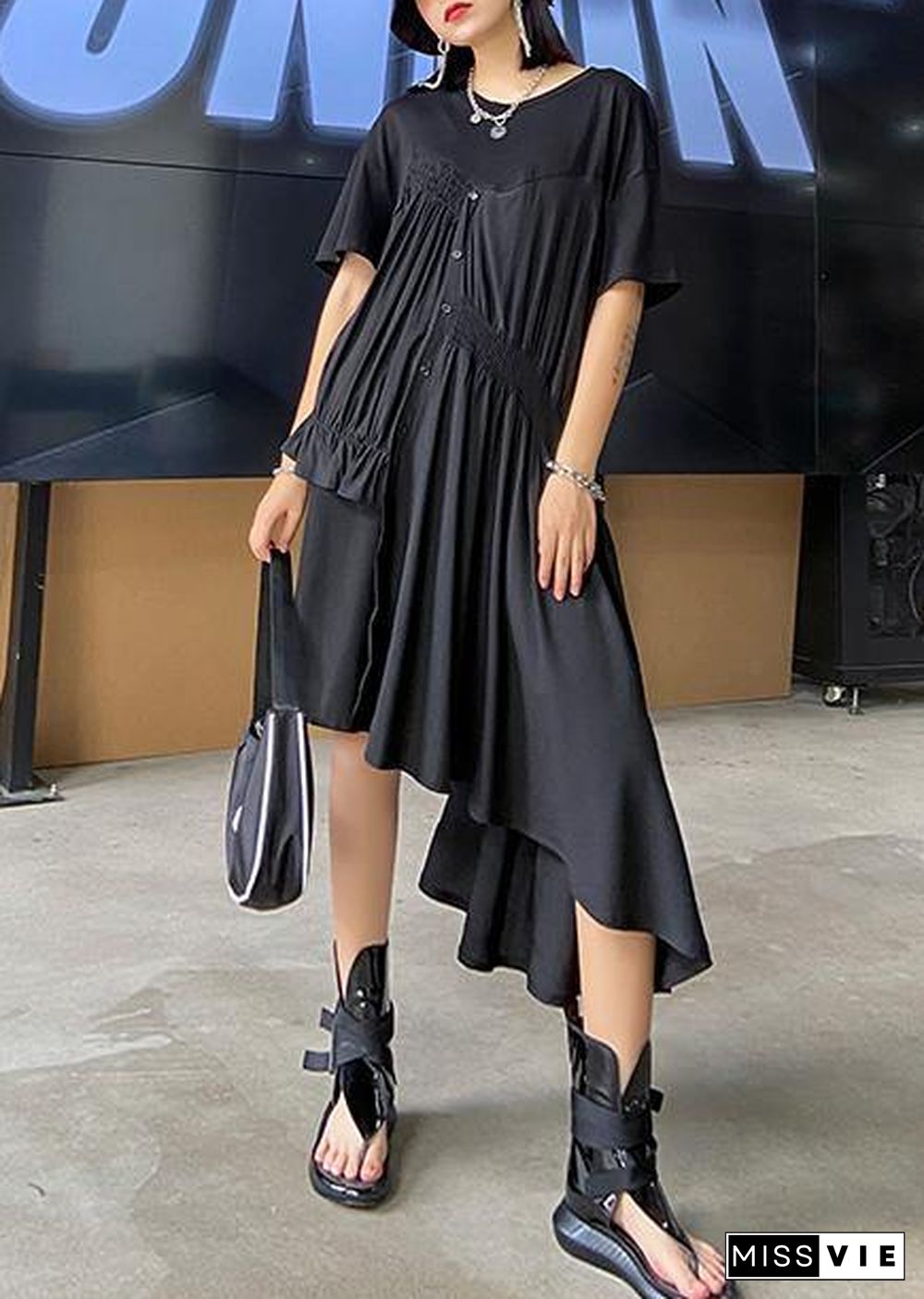 Women black Tunics o neck Cinched Maxi asymmetric Dress