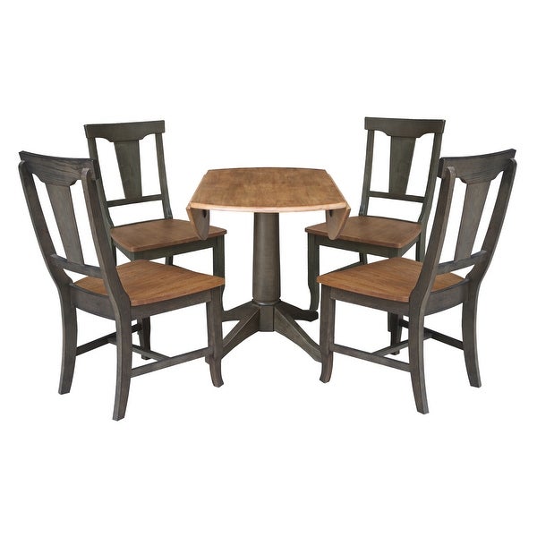 42 in. Round Dual Drop Leaf Dining Table with 4 Panel Back Chairs in Hickory/Washed Coal - 5 Piece Set