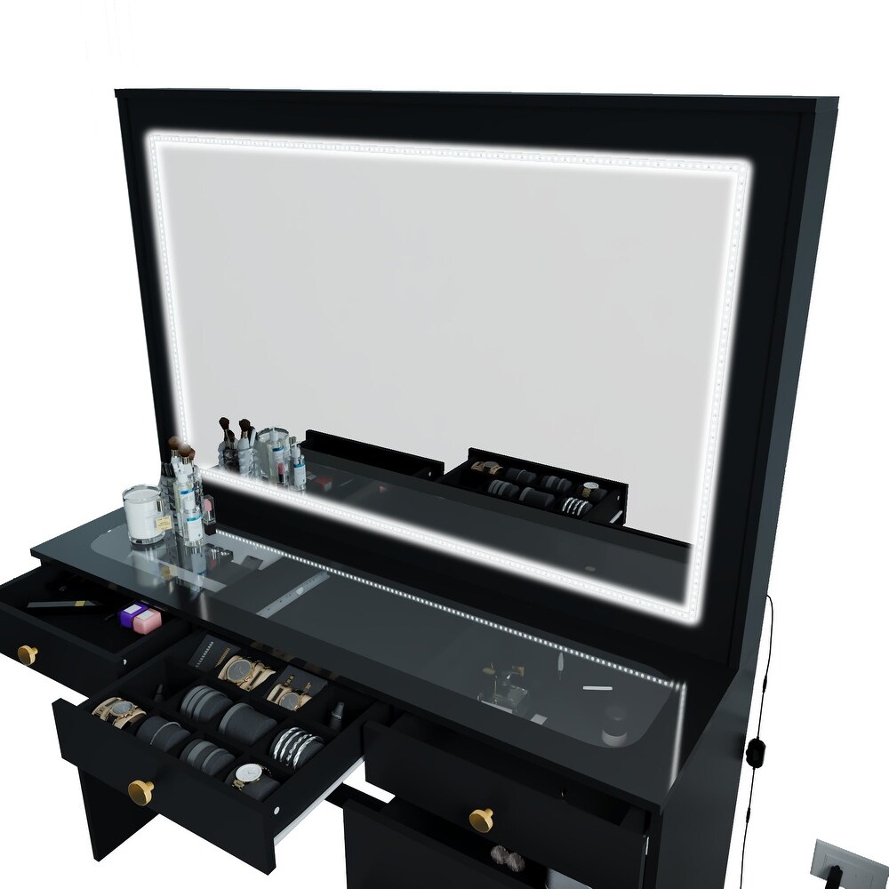 Boahaus Theia Modern Black Vanity Desk  7 Drawers