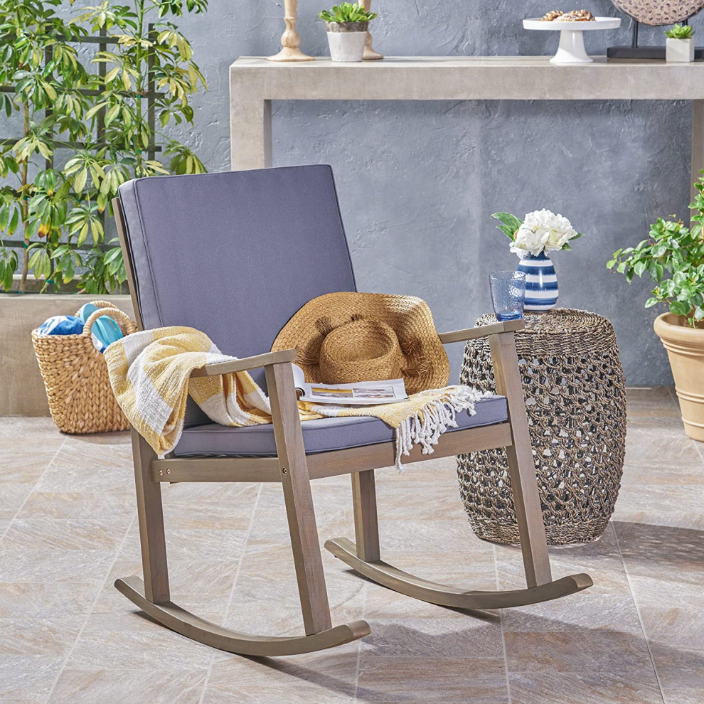 Set of 2 Patio Rocking Chair  Acacia Wood Frame With Padded Seat   Transitional   Outdoor Rocking Chairs   by Decor Love  Houzz