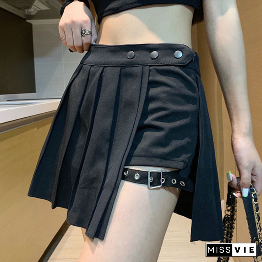 Women Summer Plaid Pleated Skirt Punk Gothic Style Cosplay Plaid Pantskirt Split Skirt #S-Xl