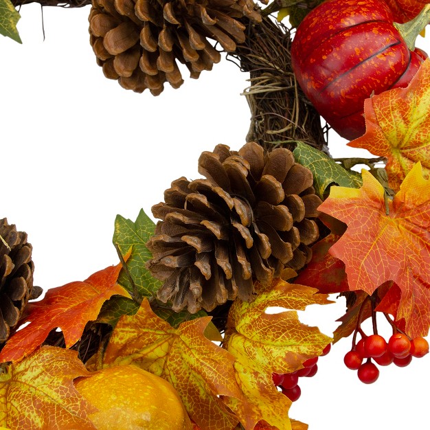 Northlight Leaves Pine Cones And Pumpkins Artificial Fall Harvest Wreath 20 inch Unlit