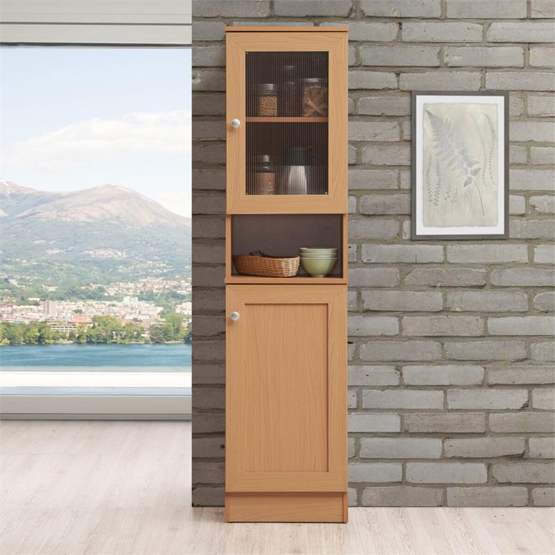 Pemberly Row 63 Tall Slim Open Shelf Plus Top Kitchen Pantry in Beige Wood