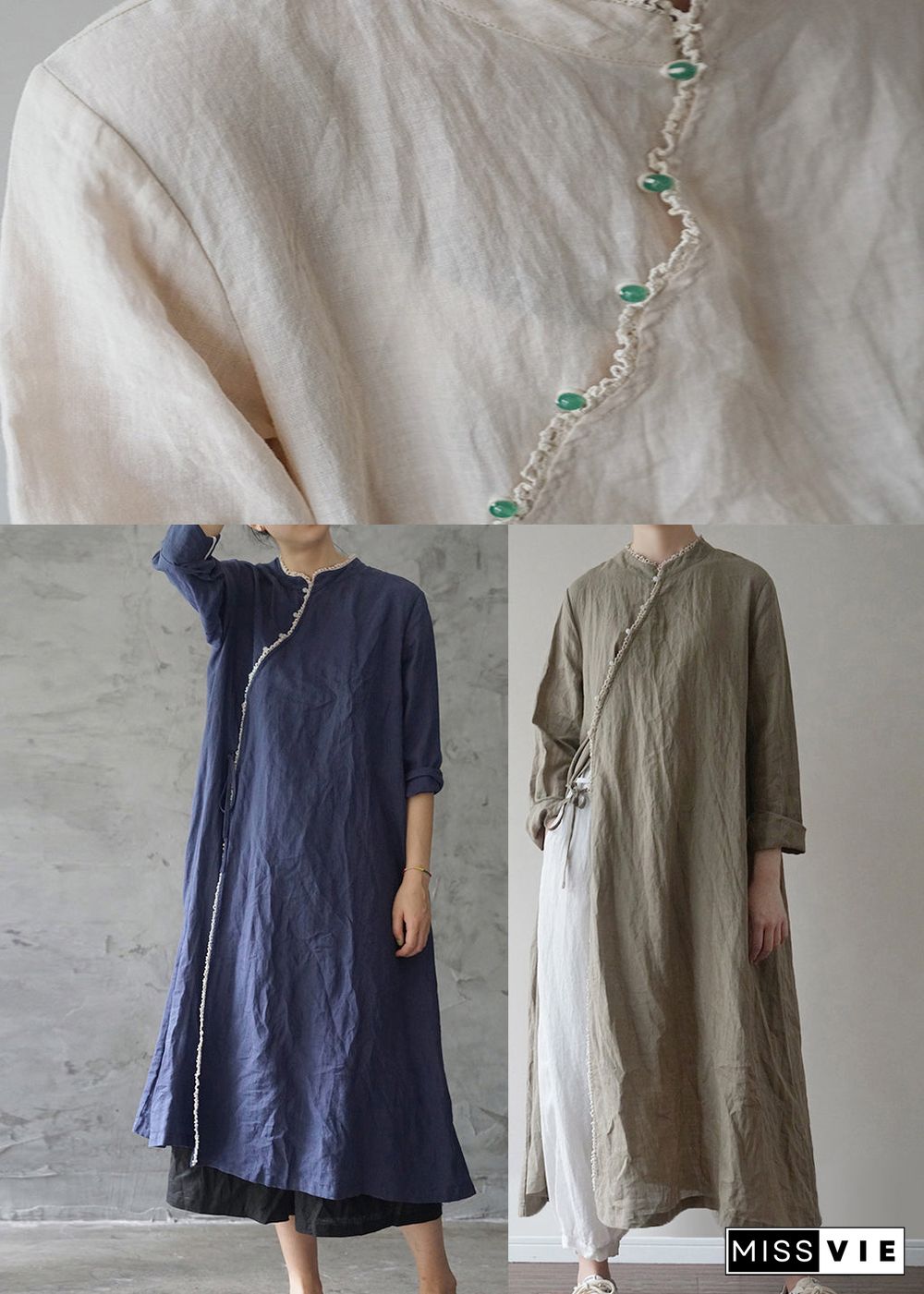 Chinese Style Green tie waist Linen Long Dresses Long Sleeve