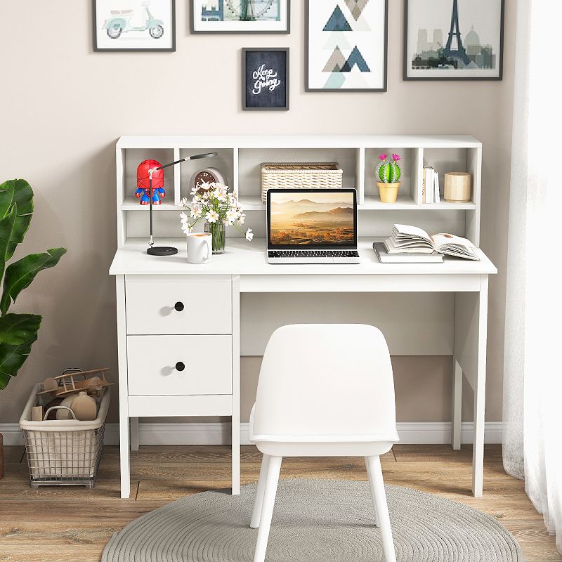 48 Inch Computer Desk With Drawers Power Outlets And 5-cubby Hutch