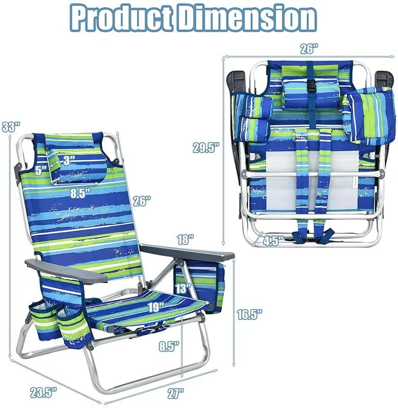 2 Pcs Folding Backpack Beach Chairs 5-Position Adjustable Outdoor Camping Chairs with Cooler Bag & Cup Holder