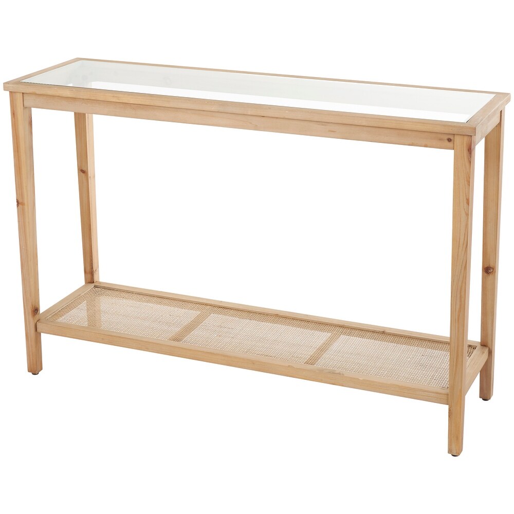 Brown Wood Slim Natural 1 Shelf Console Table with Glass Top and Rattan Shelf