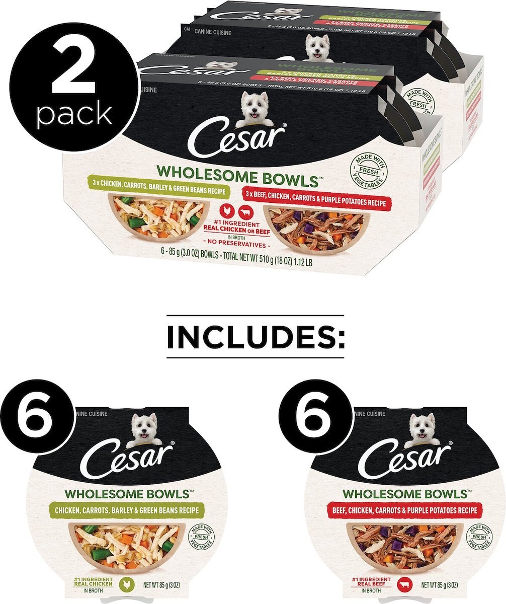 Cesar Wholesome Bowls Chicken， Carrots， Barley， Green Beans and Beef， Chicken， Carrots， Potatoes Variety Pack Wet Dog Food， 3-oz tray， case of 12