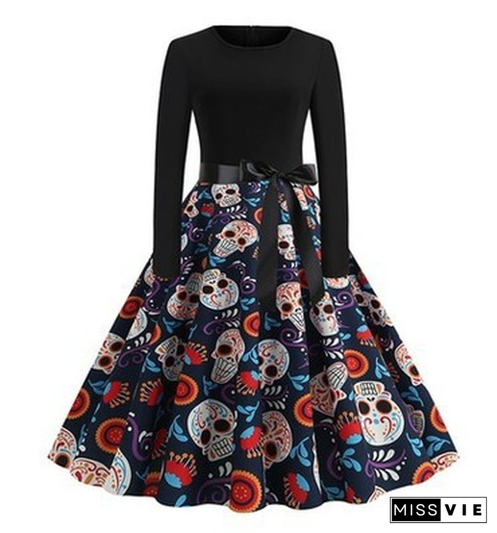 Halloween Print Stitching Long-Sleeved Big Dress