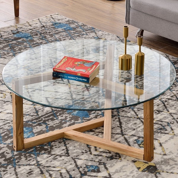 Round Glass Coffee Table Cocktail Table with Tempered Glass Top