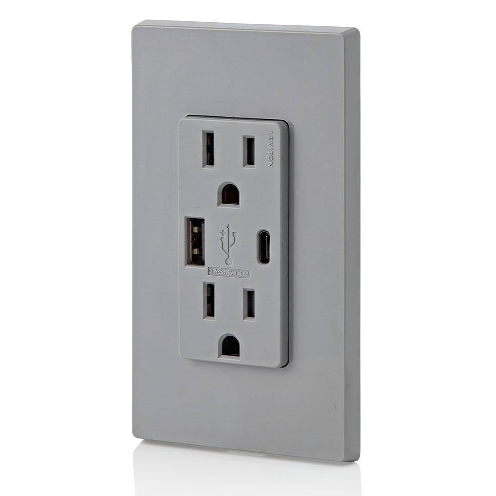 Leviton 15 Amp Decora Type A and C USB Charger Tamper-Resistant Outlet Gray T5633-GY