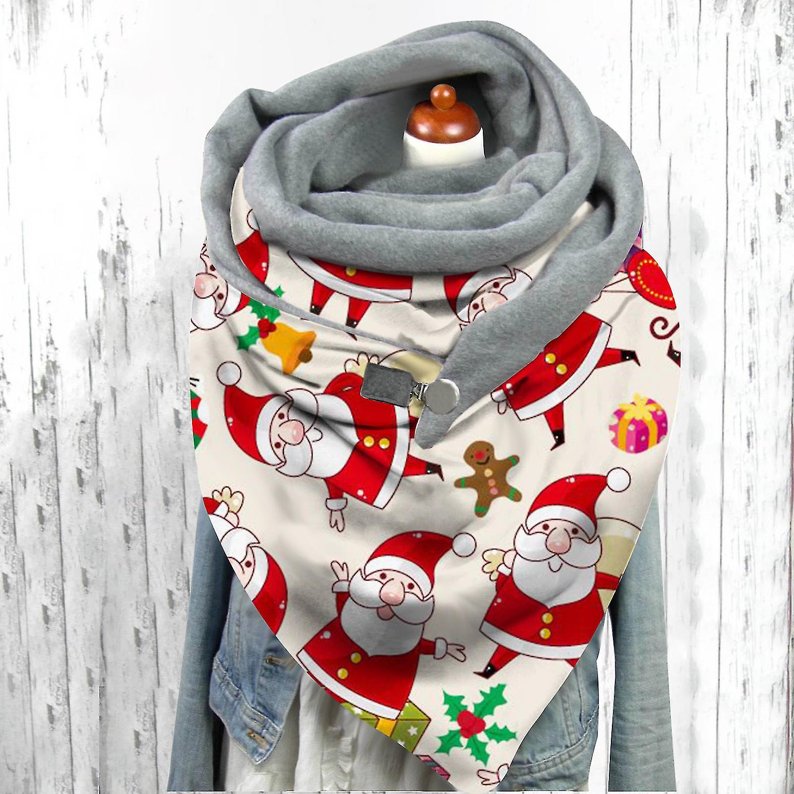 Women Christmas Printing Scarf Fashion Retro Multi-purpose Shawl Button Scarf