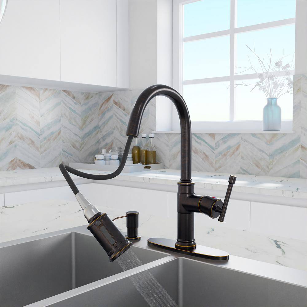 Boyel Living 1.8 GPM Single Handle Pull Down Sprayer Kitchen Faucet with Soap Dispenser and Ceramic Cartridge in Oil Rubbed Bronze BL-APS136-ORB