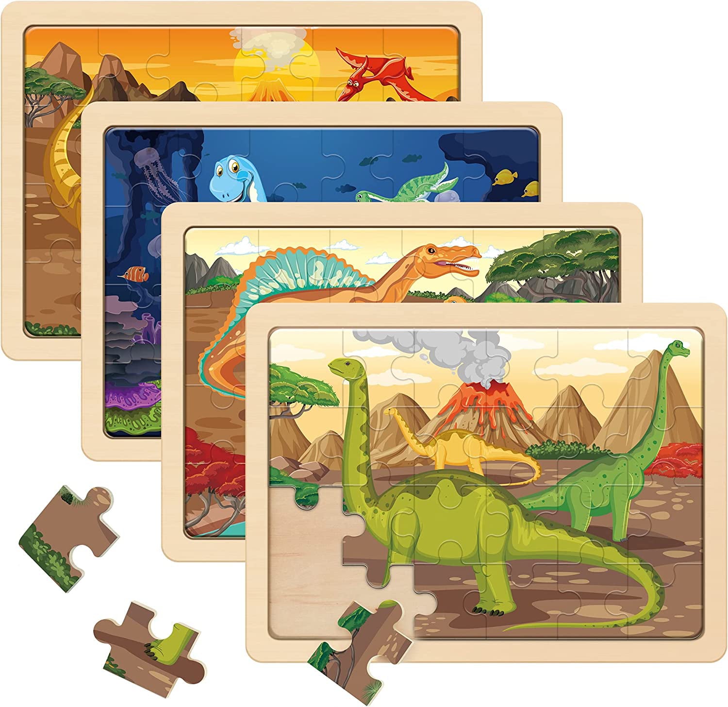 SYNARRY Wooden Dinosaur Puzzles for Kids Ages 3-5， 4 Packs 24 PCs Jigsaw Puzzles Preschool Educational Brain Teaser Boards Toys Gifts for Children， Wood Dino Puzzles for 3 4 5 6 Year Old Boys Girls