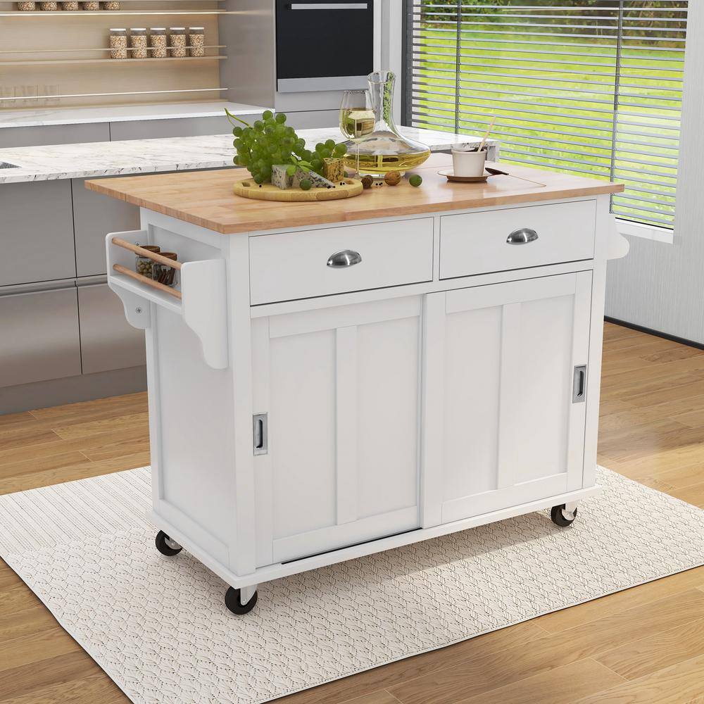 White Wooden 52.2 in. Mobile Kitchen Island Cart with Solid Wood Drop Leaf Countertop Sliding Barn Door and 2-Drawer ZT-SK000001AAW