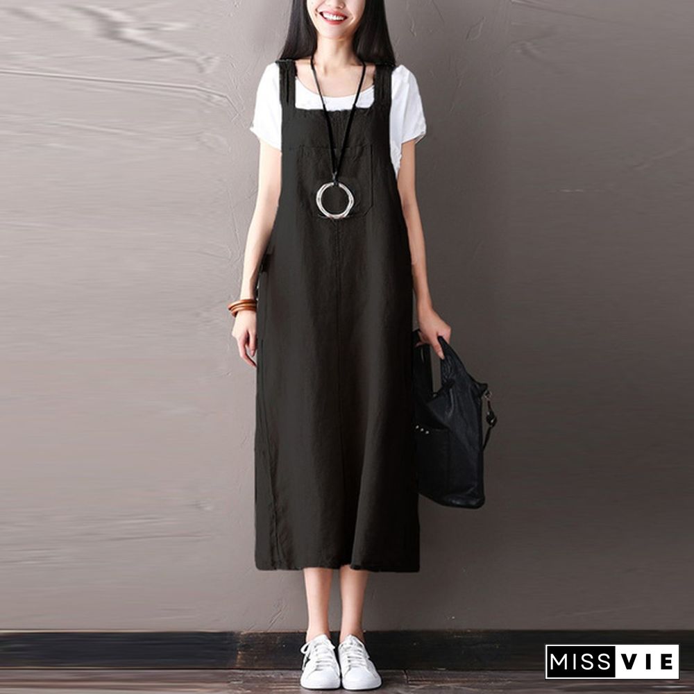 Women Sleeveless Suspender Skirt Casual Pinafores Dungaree Dress Tank Dress Plus