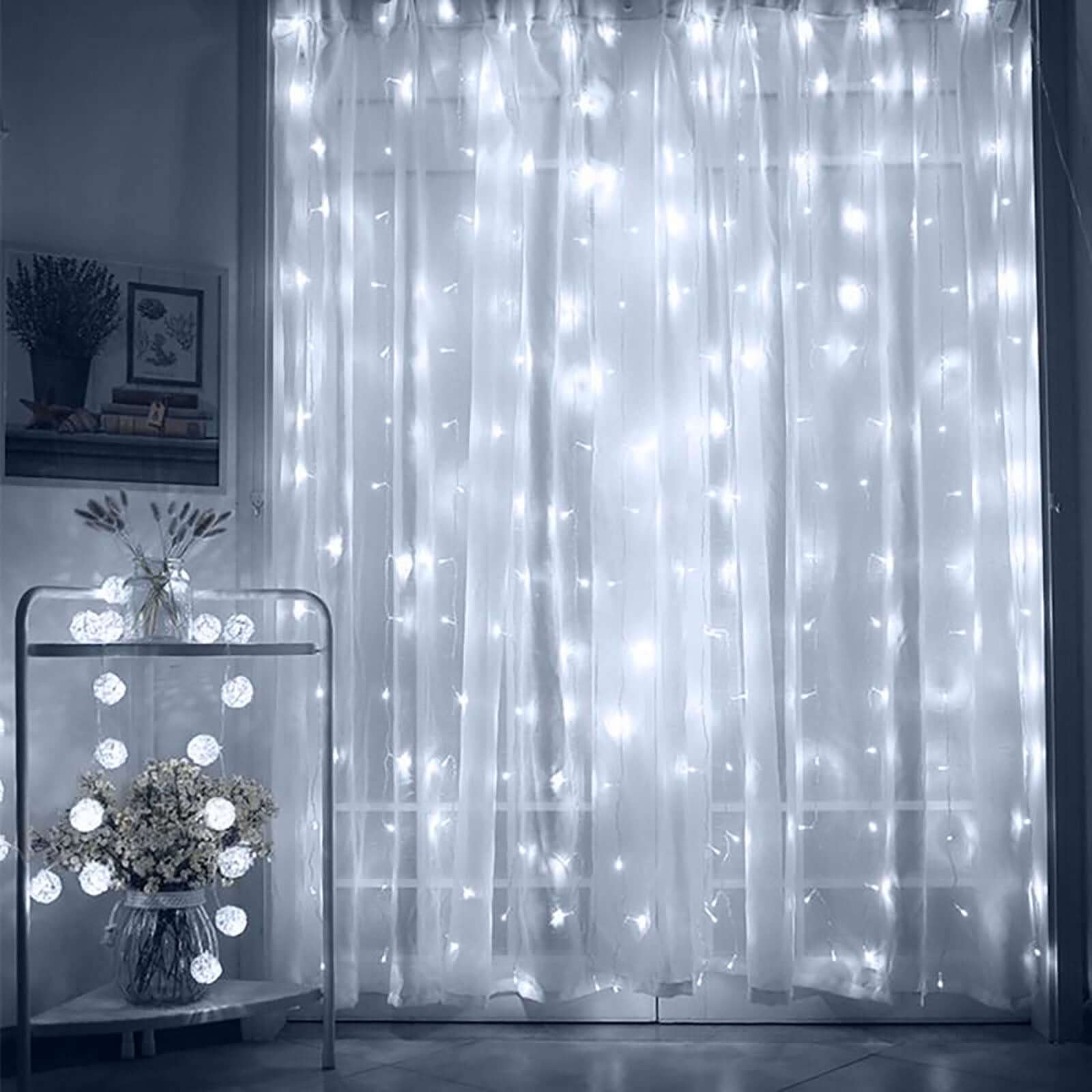 Cool White 300 LED Icicle Curtain Fairy String Lights with 8 Modes 10ft