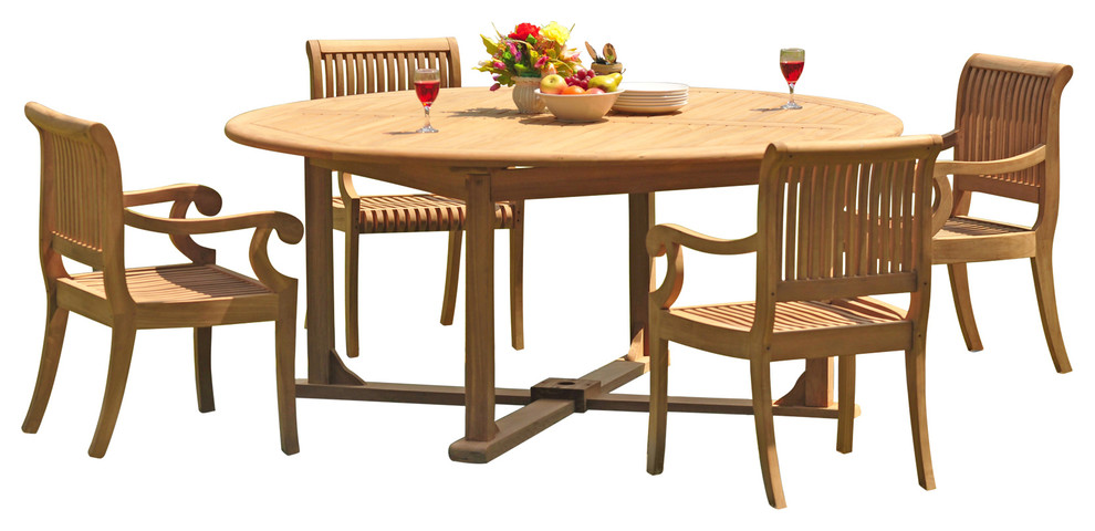 5 Piece Outdoor Patio Teak Dining Set  72 quotRound Table  4 Arm Chairs   Transitional   Outdoor Dining Sets   by Teak Deals  Houzz