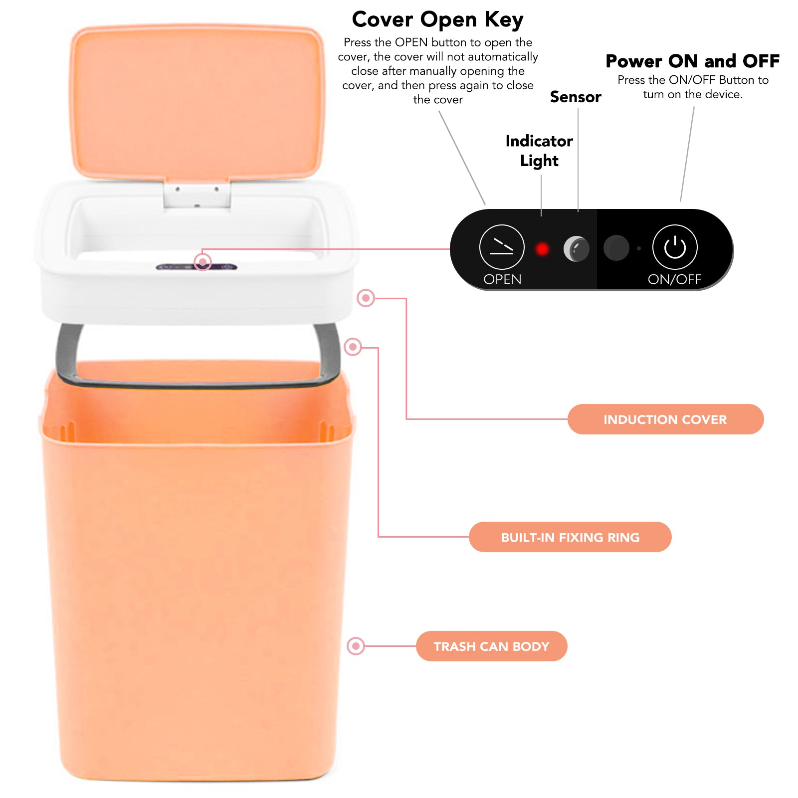 Btmeter 3.7 gal/14L Automatic Trash Can Touchless Garbage Can for Kitchen Bathroom Pink