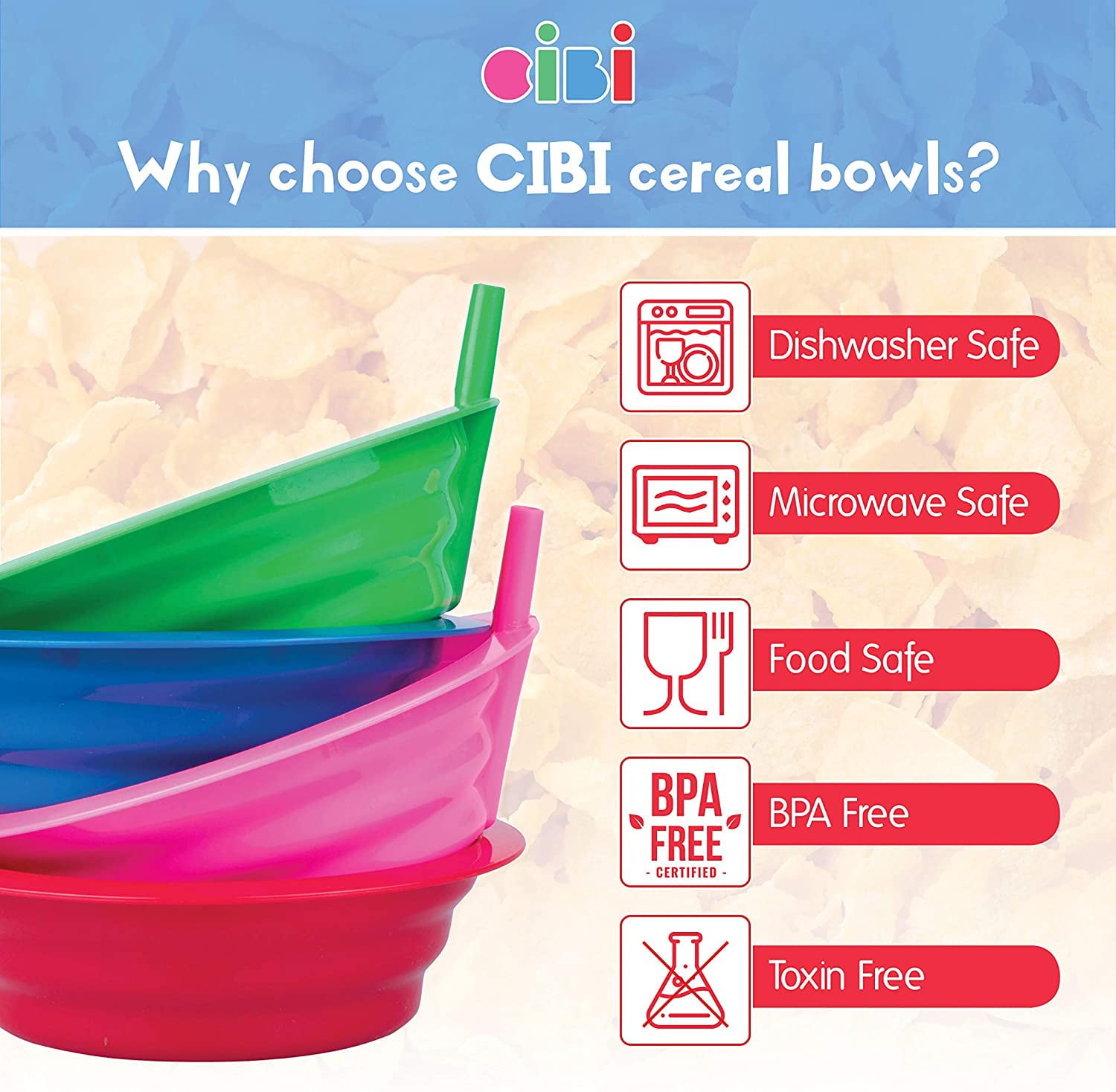 Cibi Cereal Bowls with Straws For Kids | BPA-Free 22 Ounce Sip-a-Bowl | Microwaveable and Dishwasher Safe Toddler Bowl Set for a Fuss-Free Breakfast | Four Pack in Blue， Pink， Green， and Red