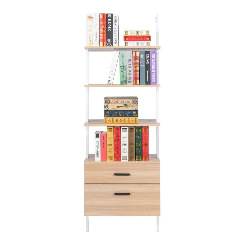 4 Tier Industrial Bookshelf with Wood Drawers and Matte Steel Frame