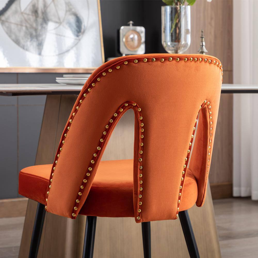 Modern Orange Velvet Upholstered Dining Chair with Nailheads and Metal Legs (Set of 2) FY-W114343514