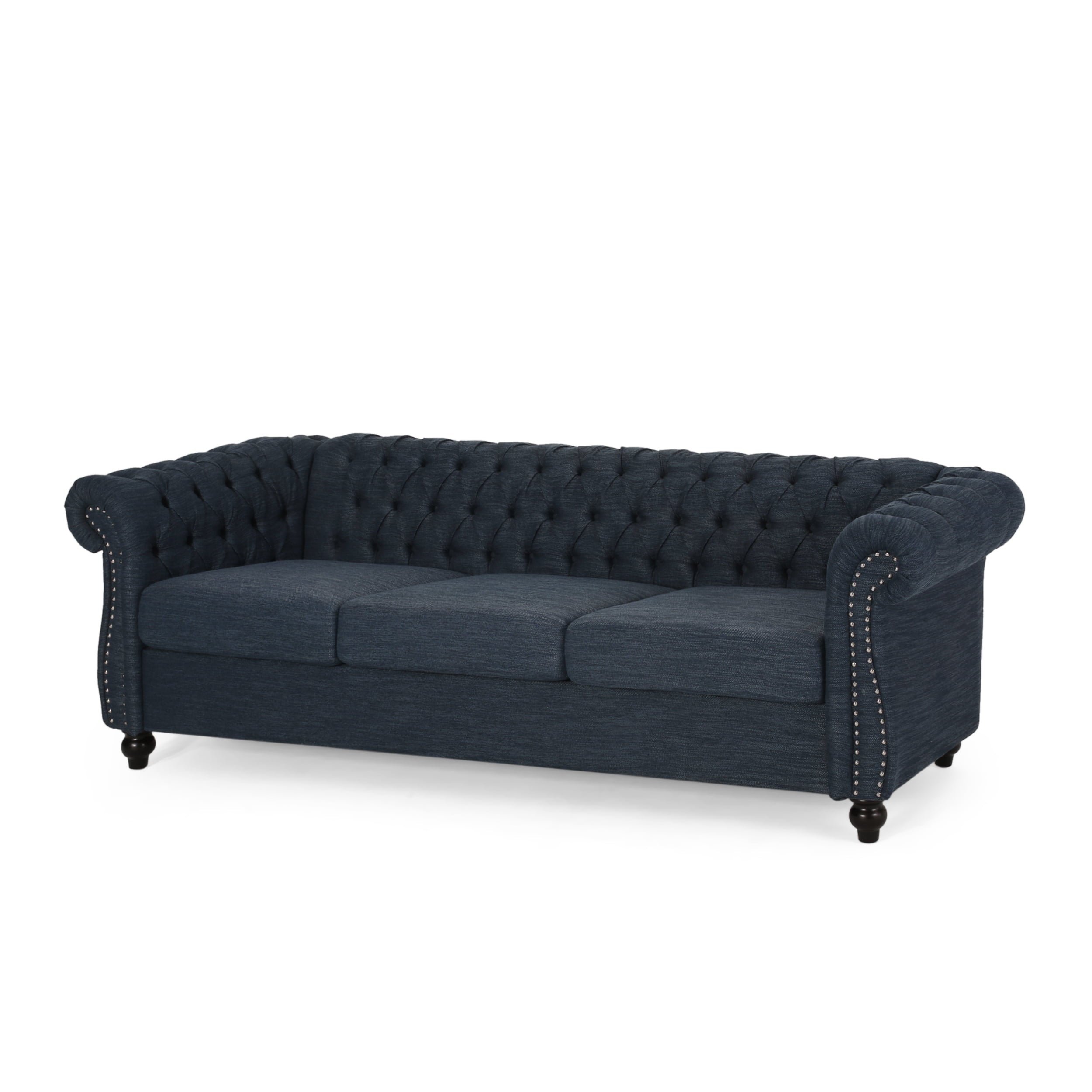 Noble House Augus Fabric Tufted 3 Seater Sofa, Navy Blue, Dark Brown