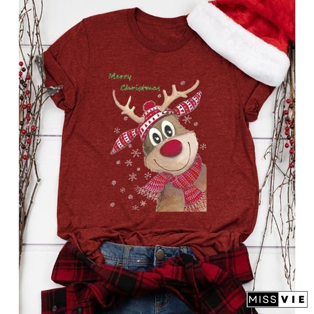 Christmas Women's Fashion Short Sleeve Casual O-neck Deer Ans Merry Christmas Printing Cotton T-shirt Tops