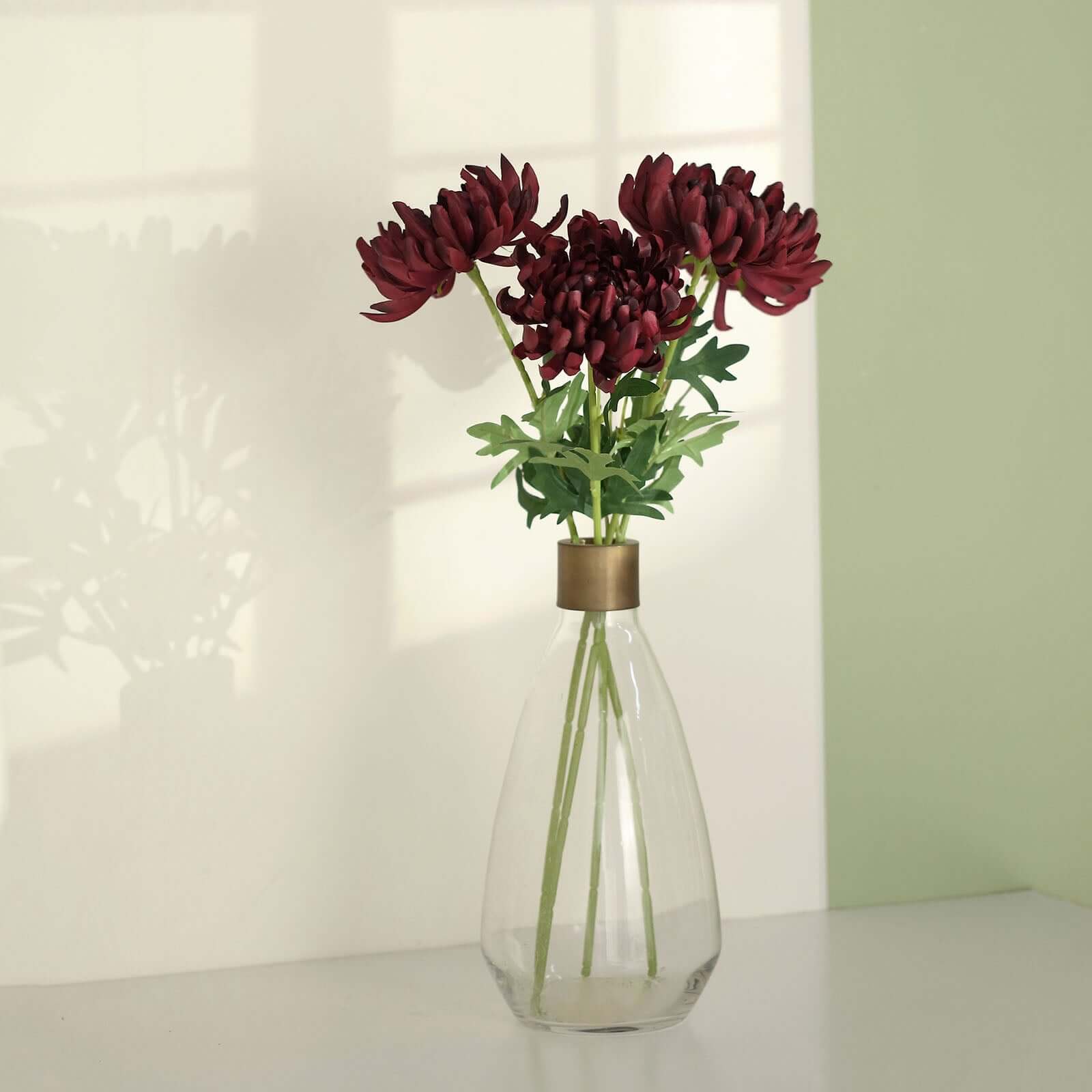 3 Stems Burgundy Artificial Silk Chrysanthemum Bouquet Flowers, Large Faux Mum Branches 27