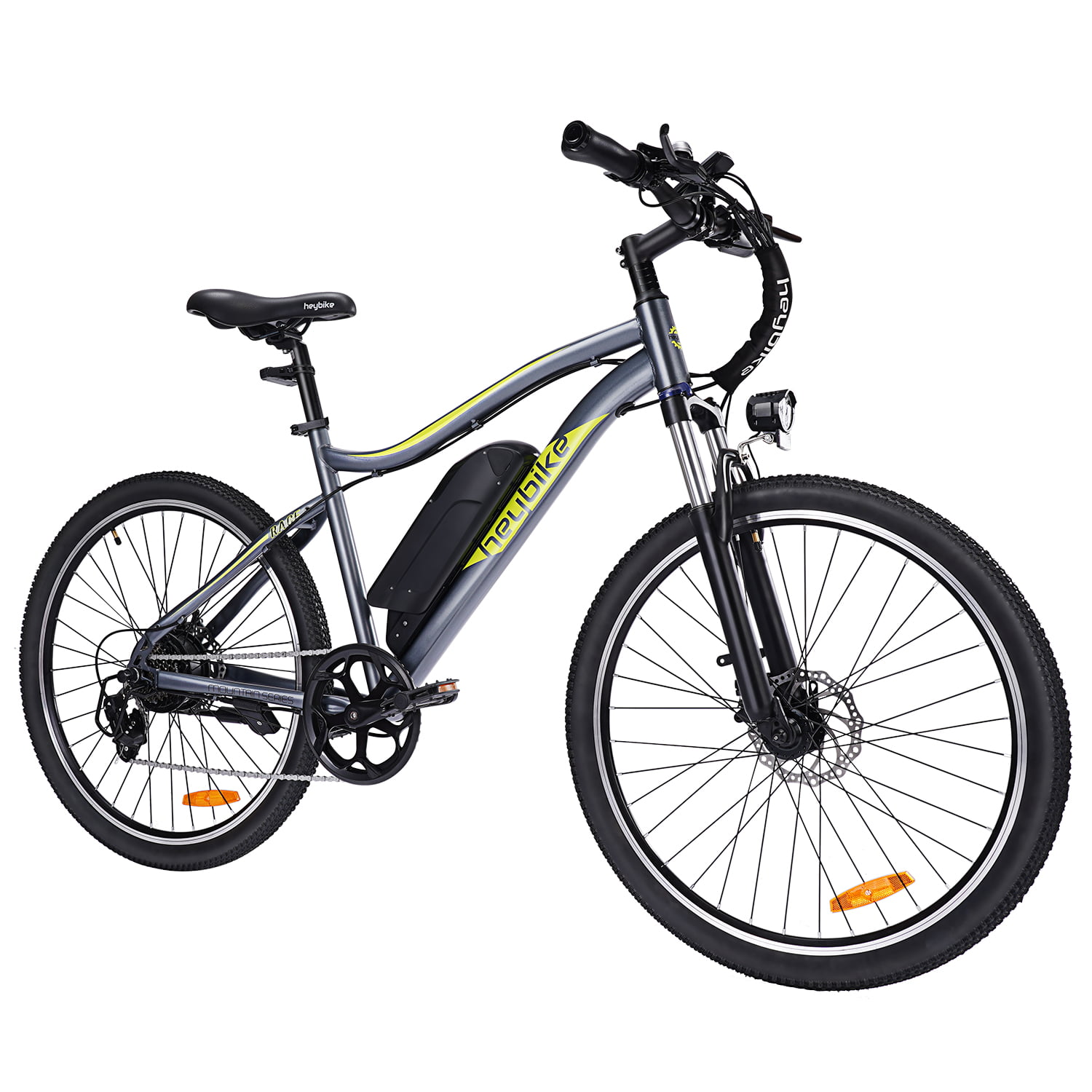 Heybike Race Electric Bike Light Weight 26″ Commuter Electric Mountain Bike with 40 Miles Long Range, 350W Brushless Motor, Shimano 7-Speed and Front Fork Suspension, Urban Electric Bicycle for Adults