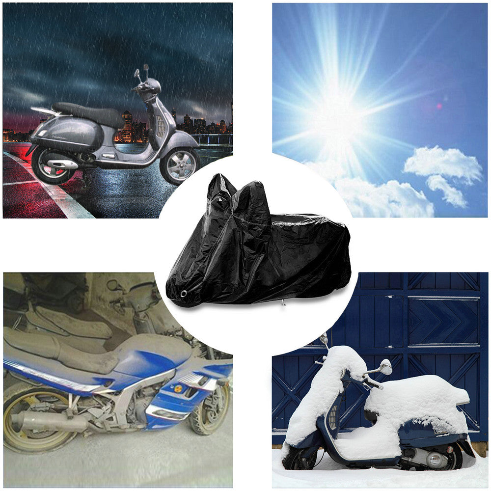 Protective Case Waterproof Motorcycle Cover with Reflective Strip， Dust Resistant Rain Snow UV Wind Sun Bird droppings 265x105x125cm Black 104 inches