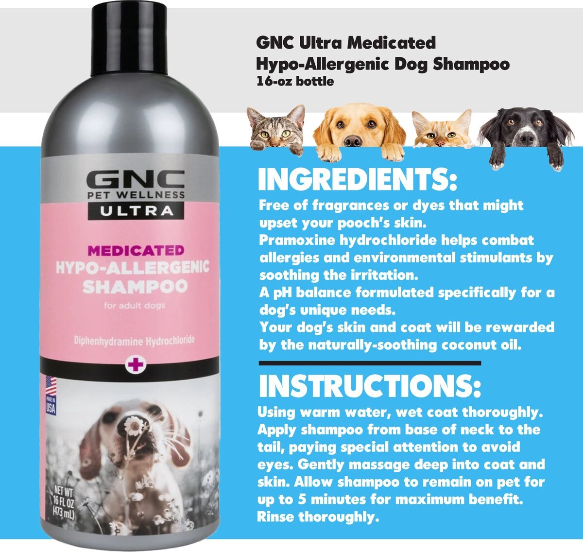 GNC Pets Ultra Medicated Hypo-Allergenic Dog Shampoo， 16-oz bottle