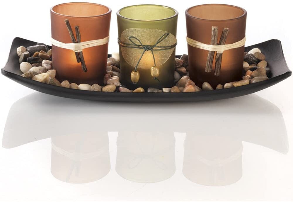 Natural Candlescape Set, 3 Decorative Candle Holders, Rocks and Tray