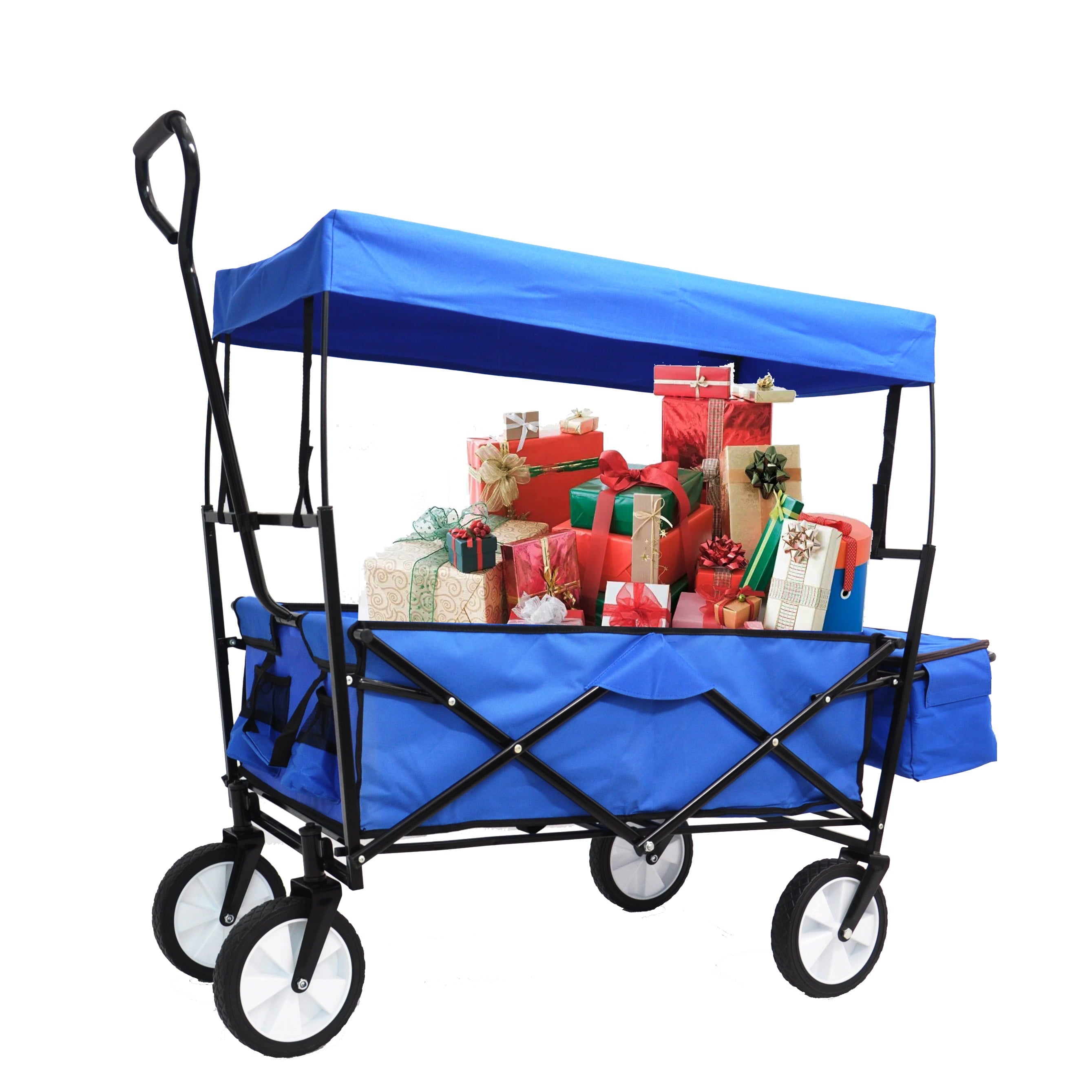 Folding Utility Cargo Wagon Cart with Removable Canopy, Cup Holders, Blue