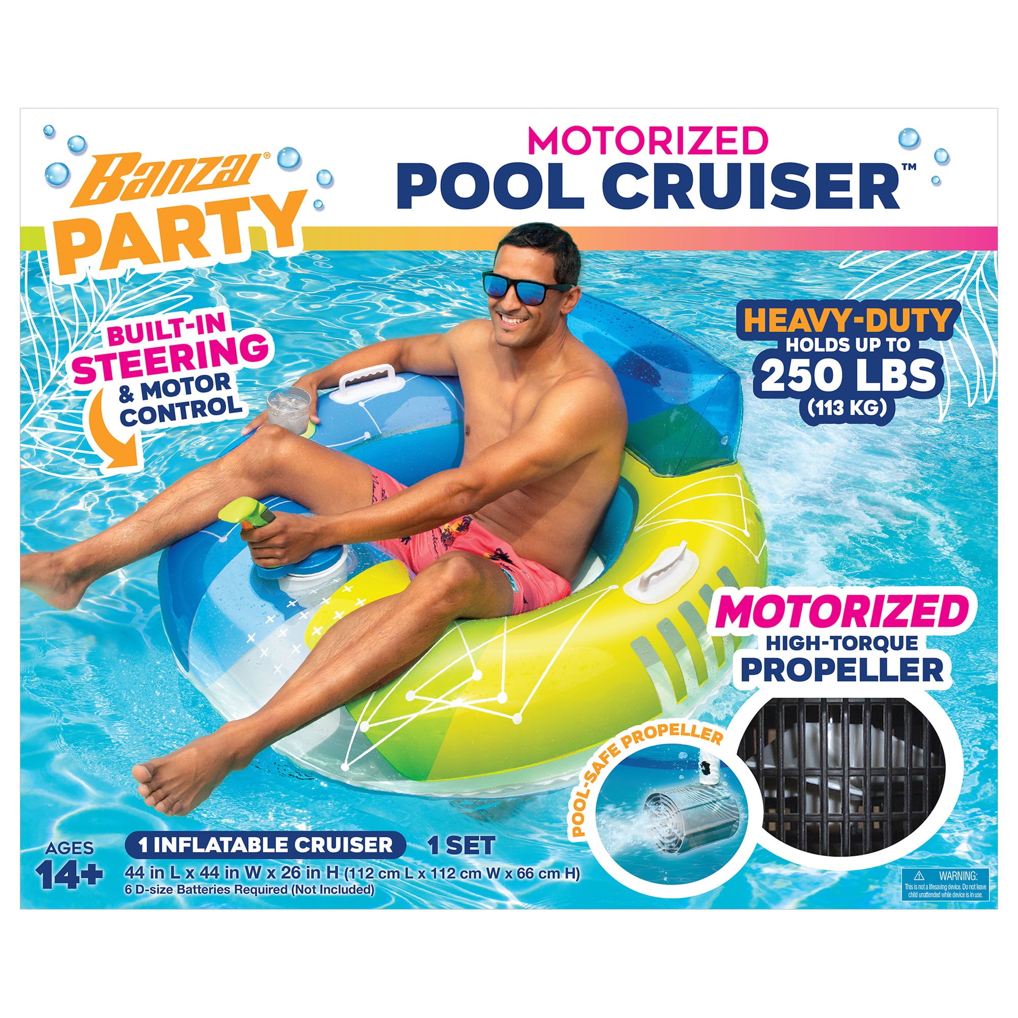 Banzai Motorized Pool Cruiser Multicolor Teens Adults Battery Powered PVC Summer Float, Ages 14+, Unisex