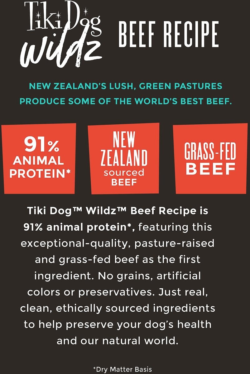 Tiki Dog Wildz Beef Recipe with Beef Liver， Lung and Kidney Grain-Free Wet Dog Food， 13.2-oz can， case of 12